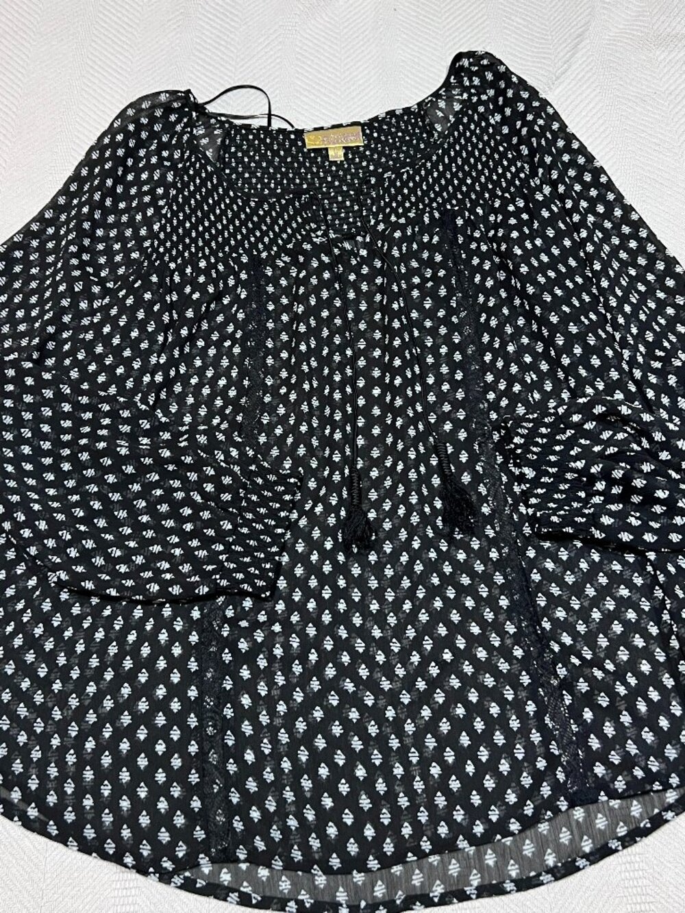 Princess Vera Wang Sheer L Black Top Print Boho Long Sleeve Tassels Lace Split